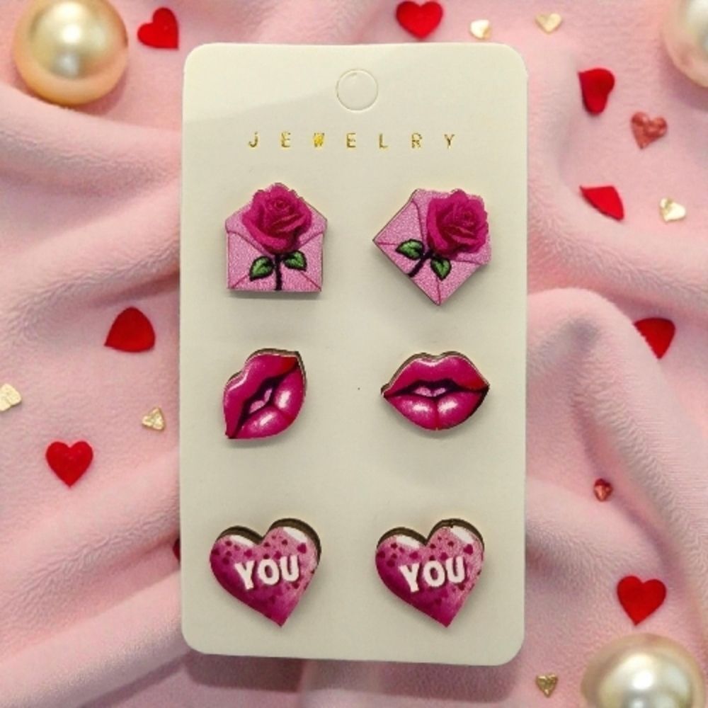 Wooden Stud Earrings 3-Pack | Pink Rose, Lips & Heart Love Jewelry NWT Valentine